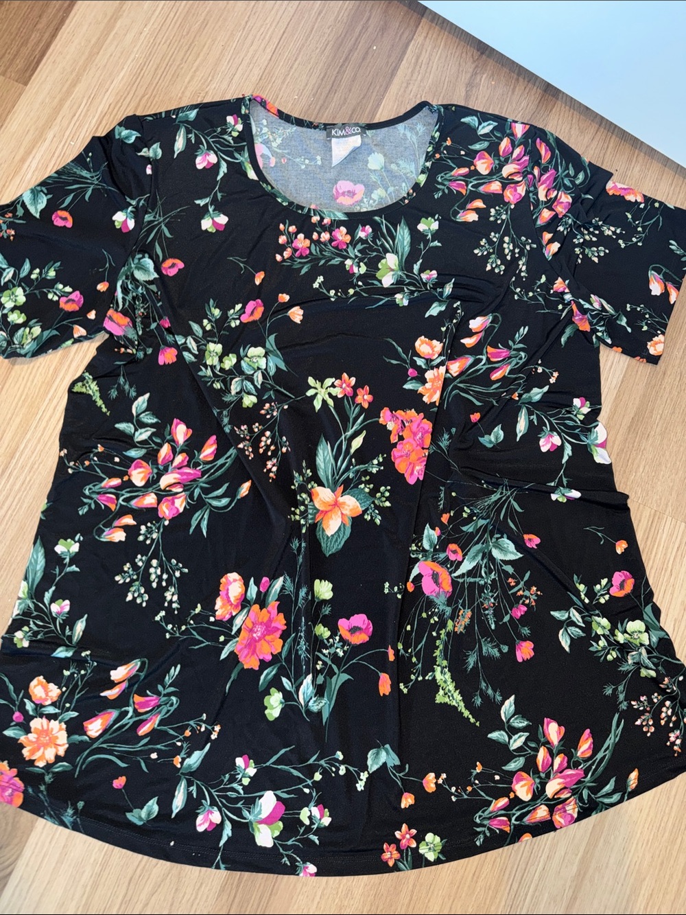 Kim & Cami Black Floral Scoop Neck Tunic with Pink & Orange Blooms